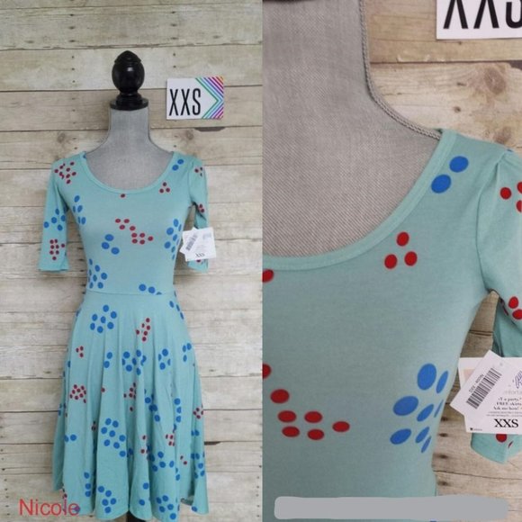 NWT LuLaRoe Nicole Dress XXS - Blue & Red Circles on Green - Picture 1 of 1